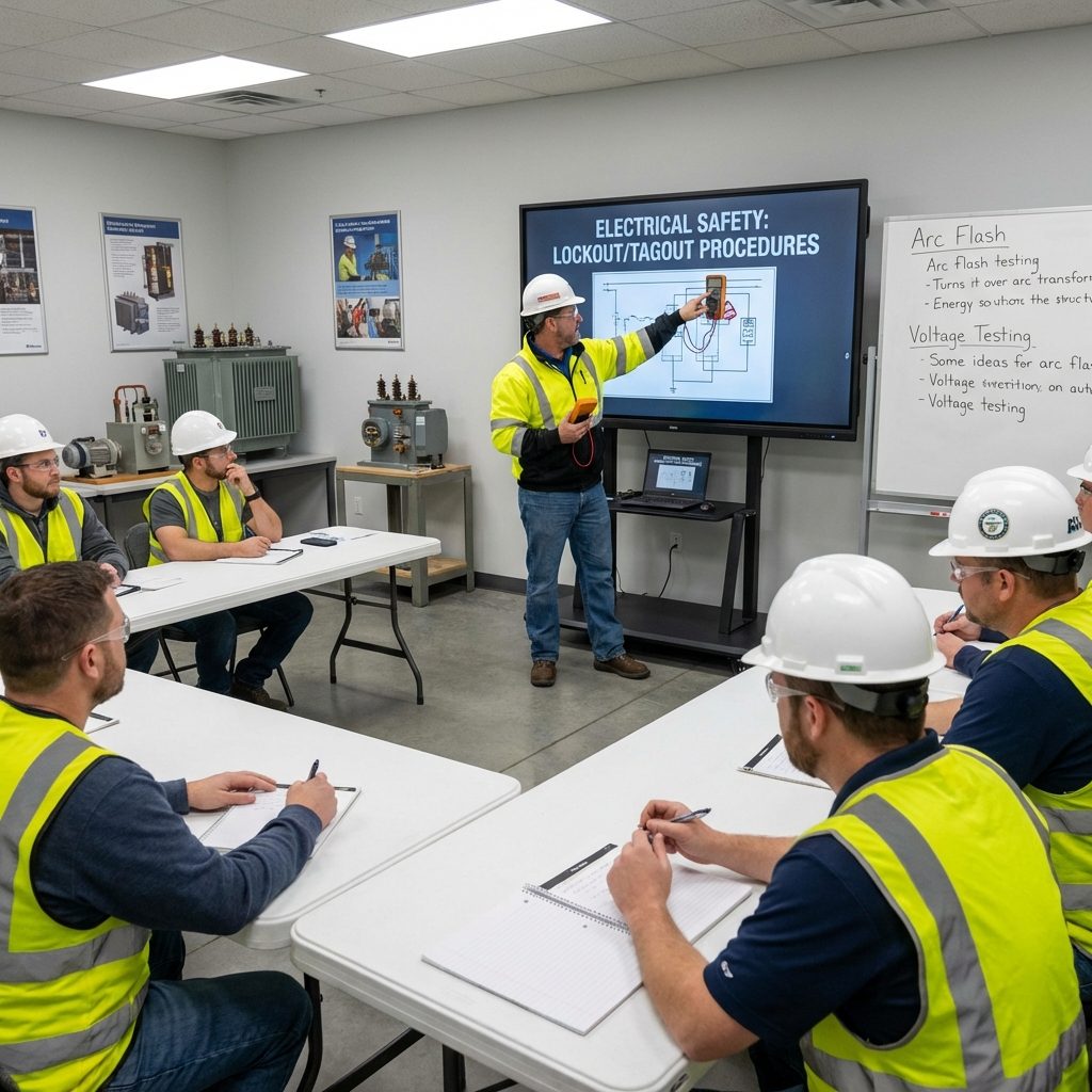 Onsite lockout/tagout training session for electrical workers